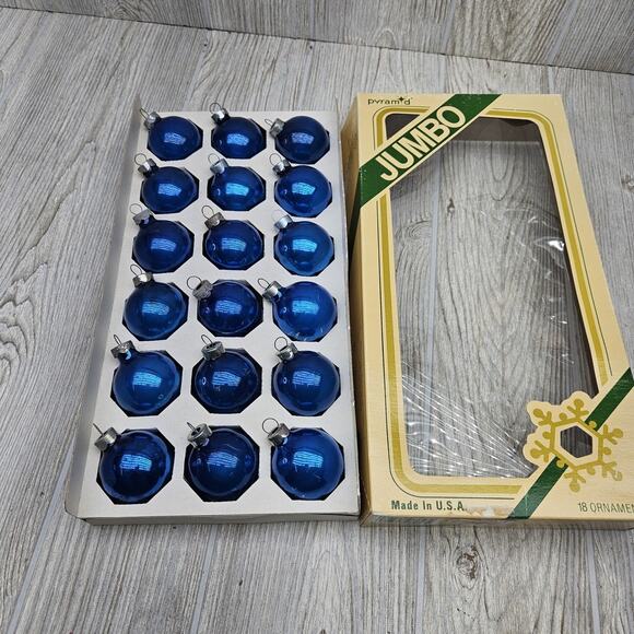 Vintage Pyramid Jumbo Blue Glass Christmas Ornaments Set 18 USA Box Tree‎ Decor - Picture 4 of 6